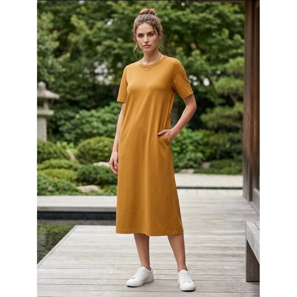 Uniqlo U AIRism Cotton Short Sleeve Flare Midi Dress Mustard Yellow Brown S